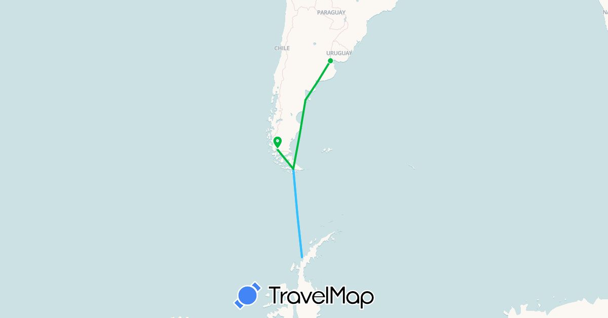 TravelMap itinerary: bus, plane, boat in Antarctica, Argentina, Chile (Antarctica, South America)